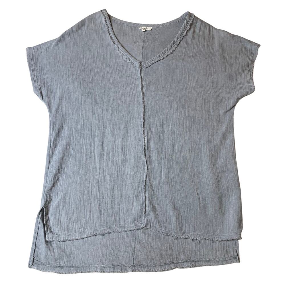 La Miel Gauzy Cotton Baby Blue Minimalist V Neck Short Sleeve Tee Shirt Small